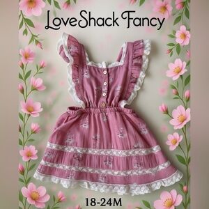 LoveShack Fancy girl’s Charming Pink Dress with Lace Trim.  Size 18-24M